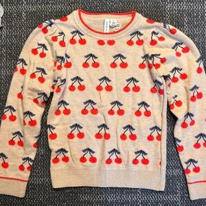 Janie and Jack Cherry Intarsia Knit Sweater Beige Red Puff Sleeve Size 4 XS